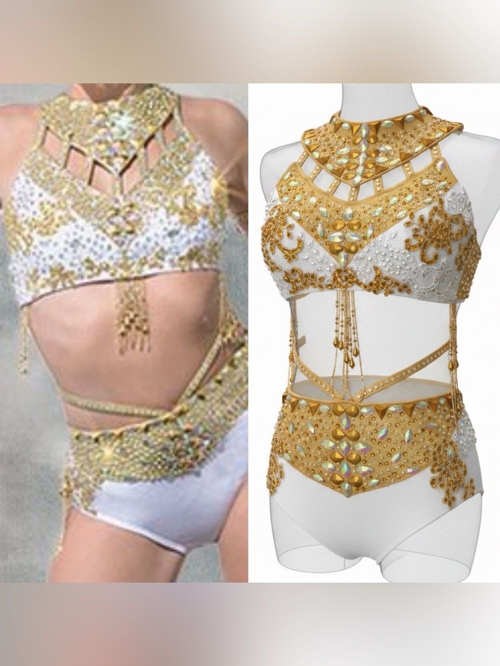 Glamour solo dance costume 2 piece style white gold greek goddess MA-Medium